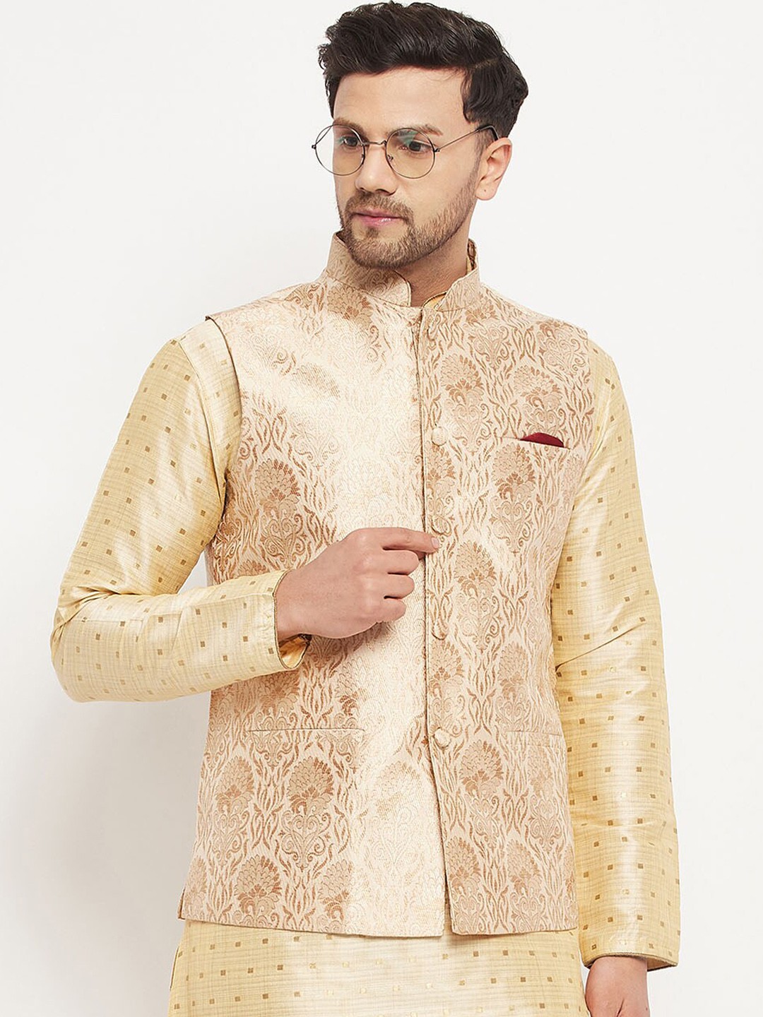 

VASTRAMAY Woven Design Nehru Jackets With Pocket Square, Rose gold