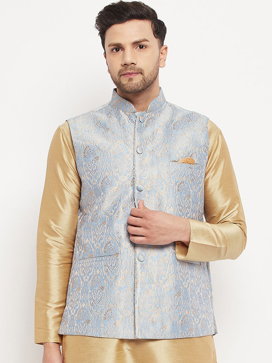 

VASTRAMAY Woven Design Nehru Jackets With Pocket Square, Grey