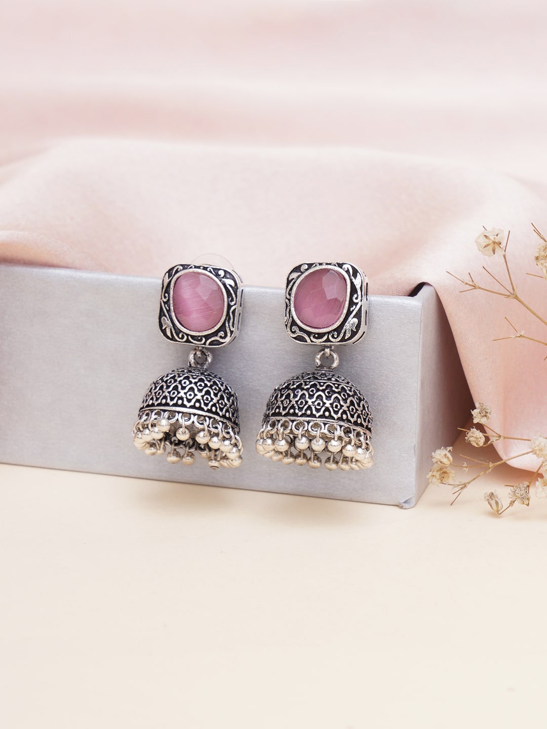 

Mali Fionna Oxidized Classic Jhumkas, Pink