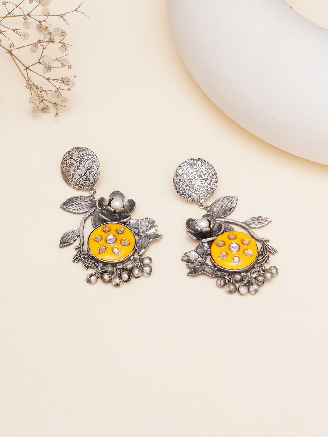 

Mali Fionna Floral Oxidised Drop Earrings, Yellow