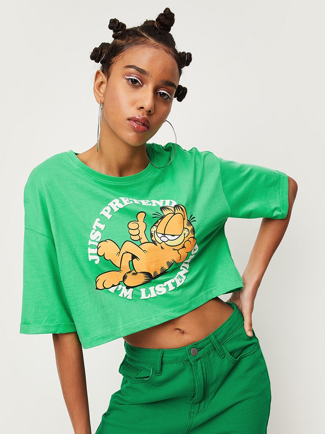 

max Graphic Printed Drop-Shoulder Pure Cotton Boxy Crop T-shirt, Green