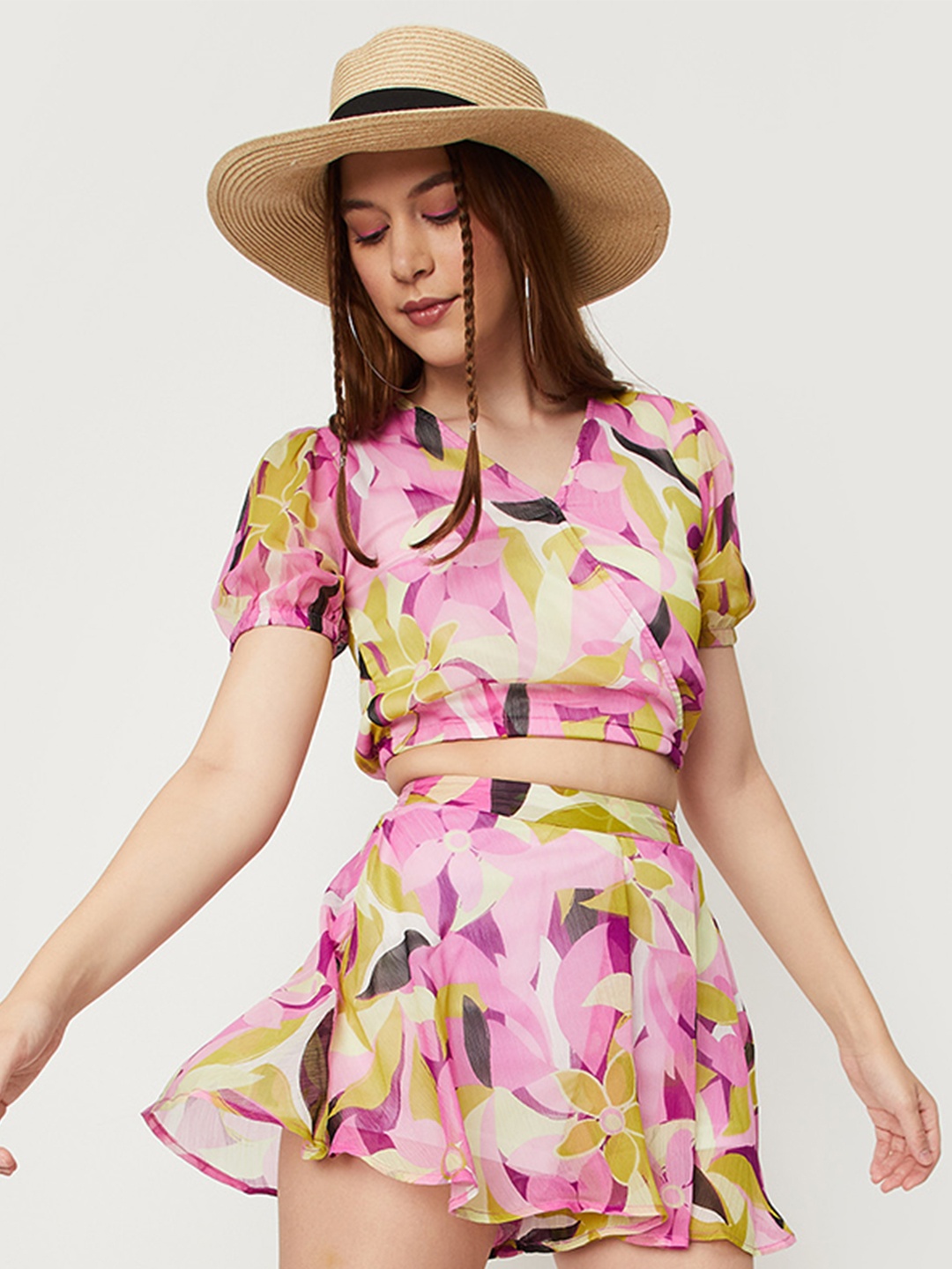 

max Floral Printed Puff Sleeve Crop Top, Pink