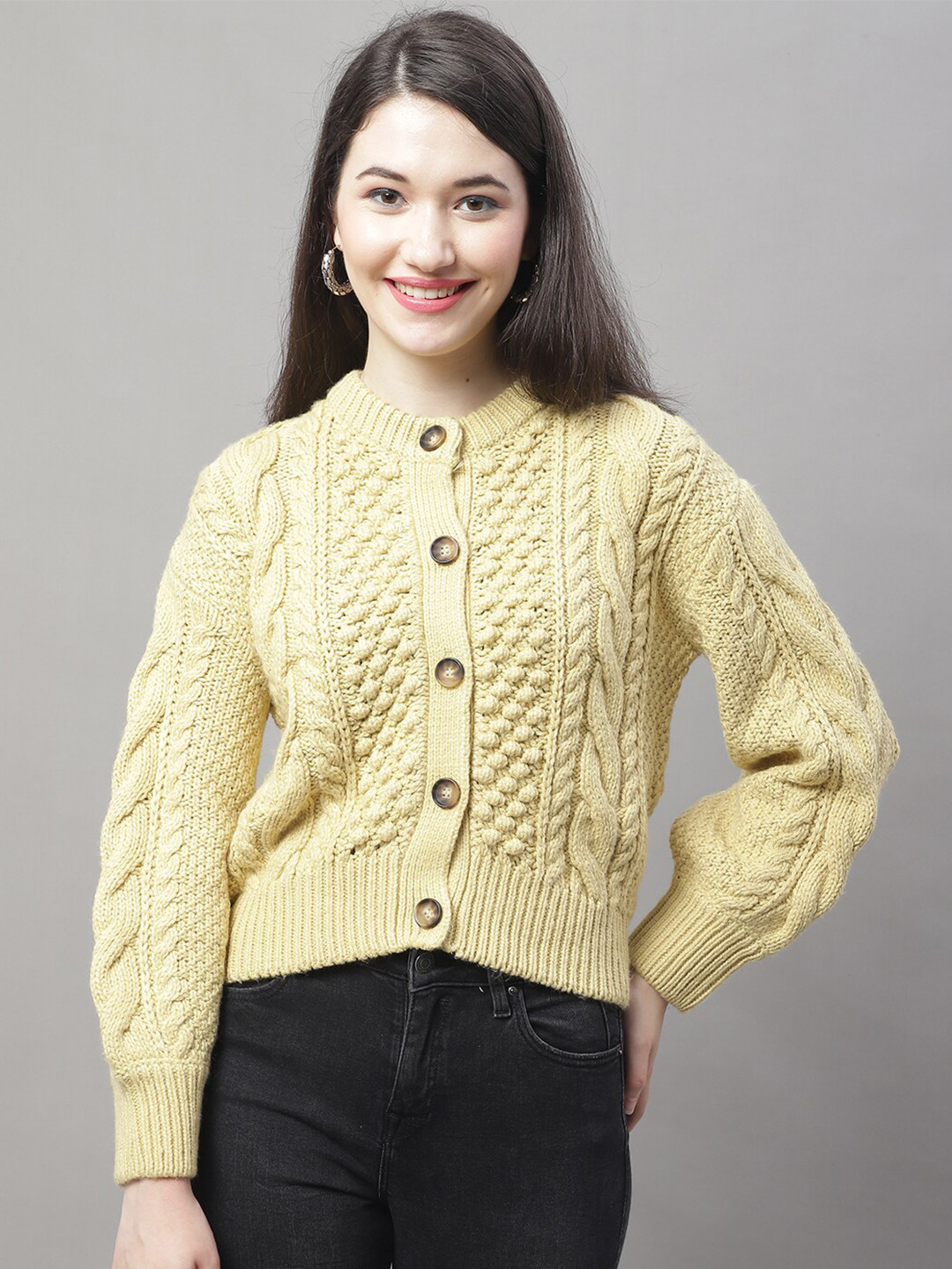 

NoBarr Self Design Cable Knit Acrylic Cardigan, Yellow