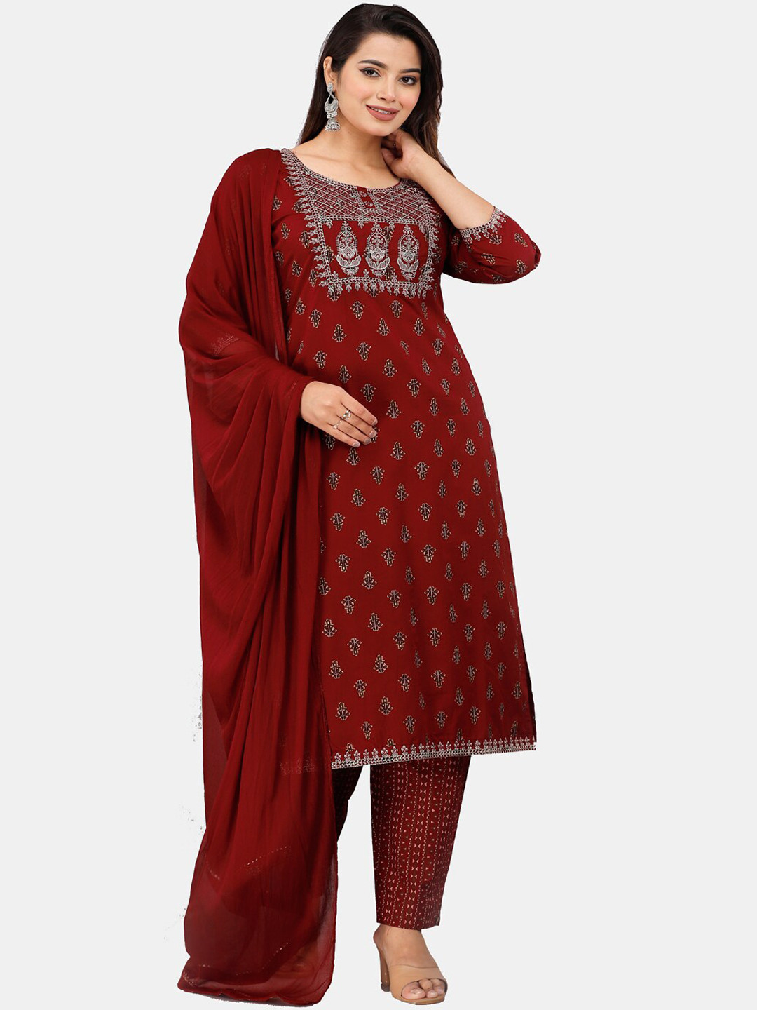 

HIGHLIGHT FASHION EXPORT Ethnic Motifs Printed Mirror Work Kurta with Trousers & Dupatta, Maroon