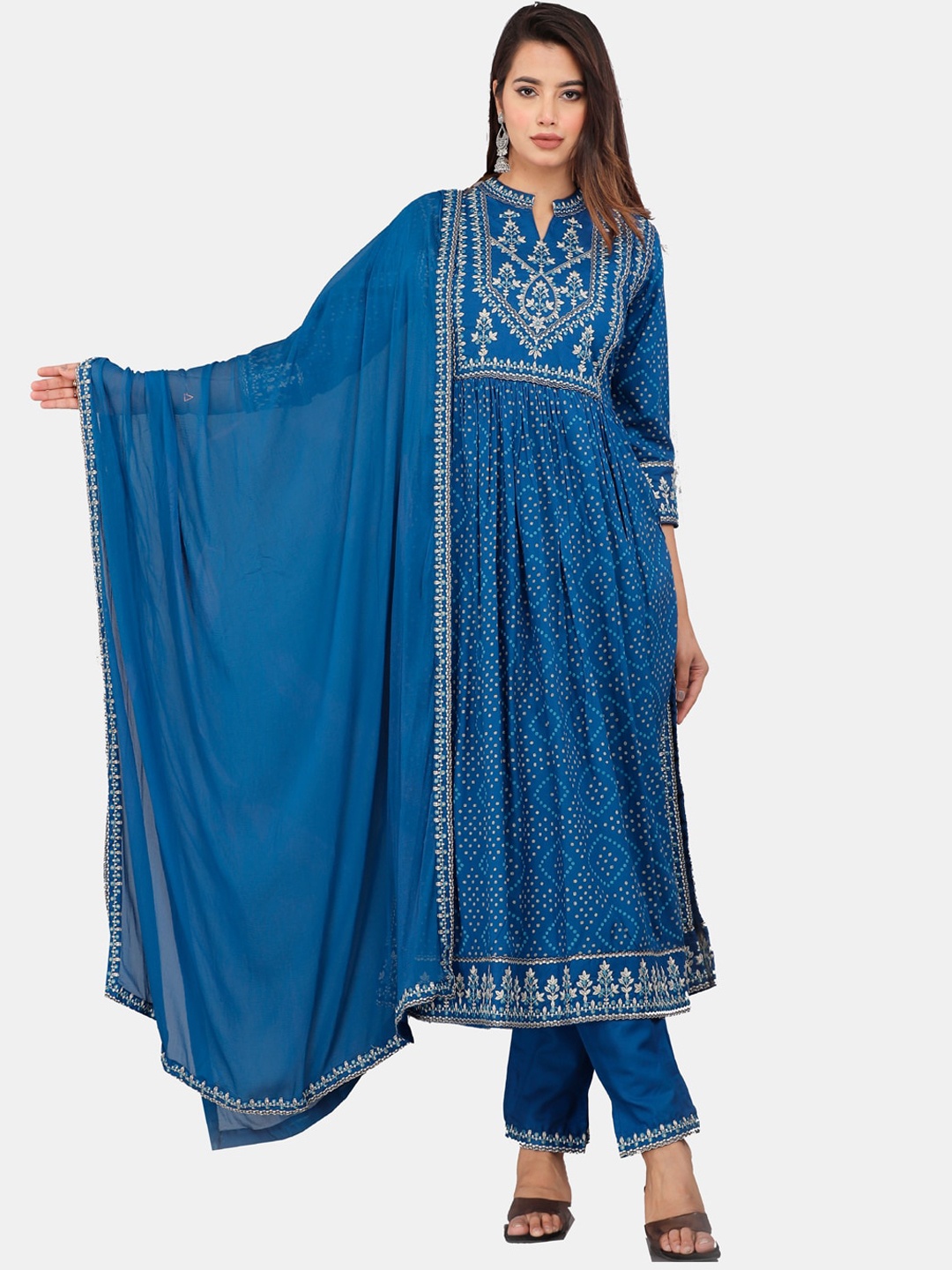 

HIGHLIGHT FASHION EXPORT Bandhani Printed Thread Work A-Line Kurta With Trousers & Dupatta, Navy blue