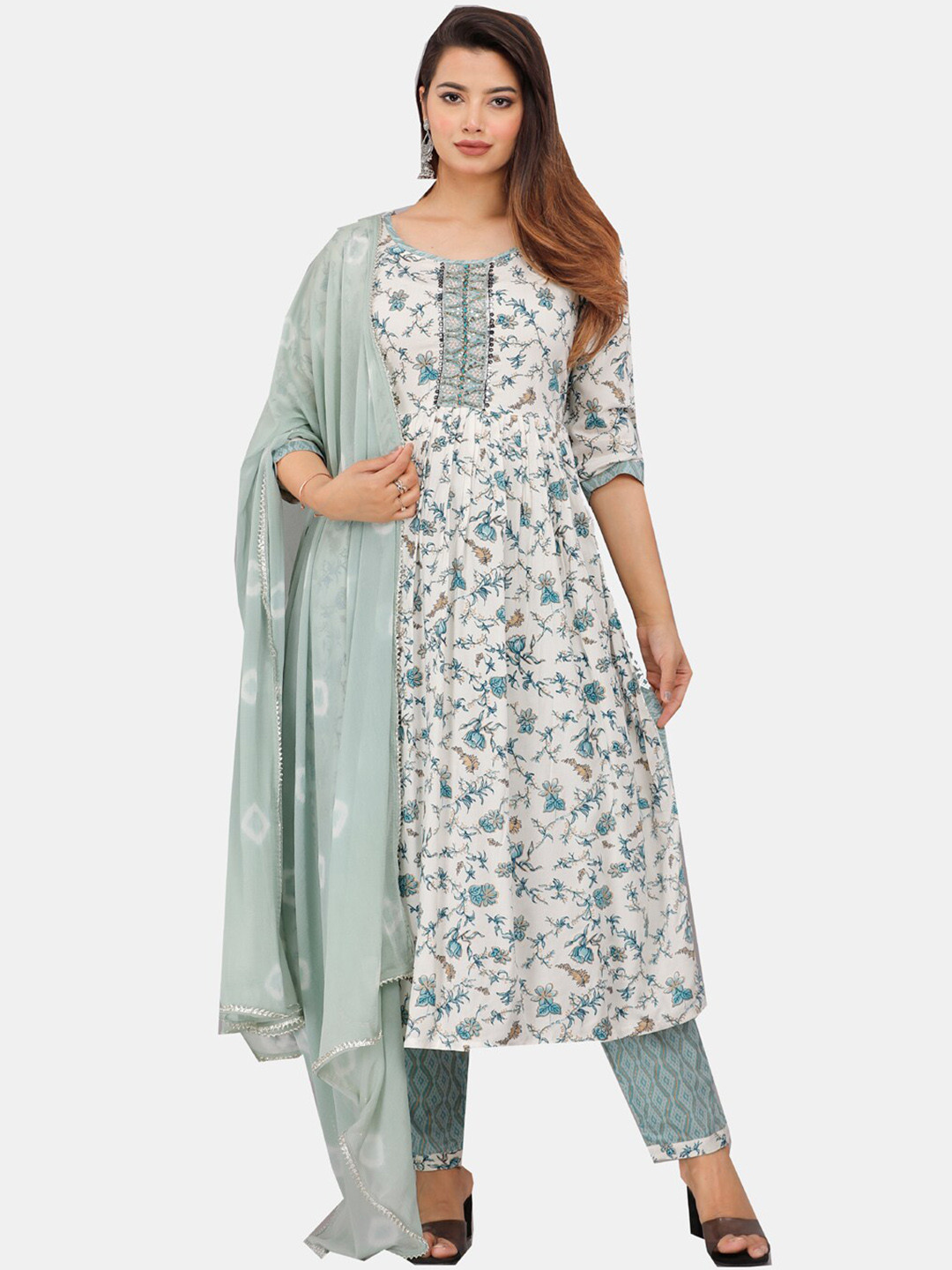 

HIGHLIGHT FASHION EXPORT Floral Printed Sequinned Kurta With Trousers & Dupatta, White