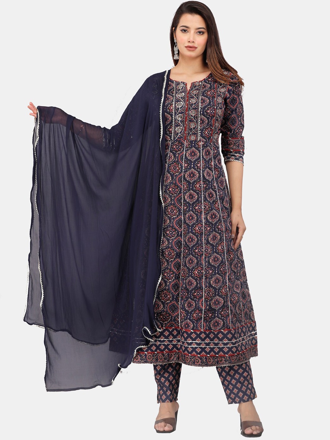 

HIGHLIGHT FASHION EXPORT Ethnic Printed Panelled Gotta Patti Kurta with Trousers & Dupatta, Navy blue