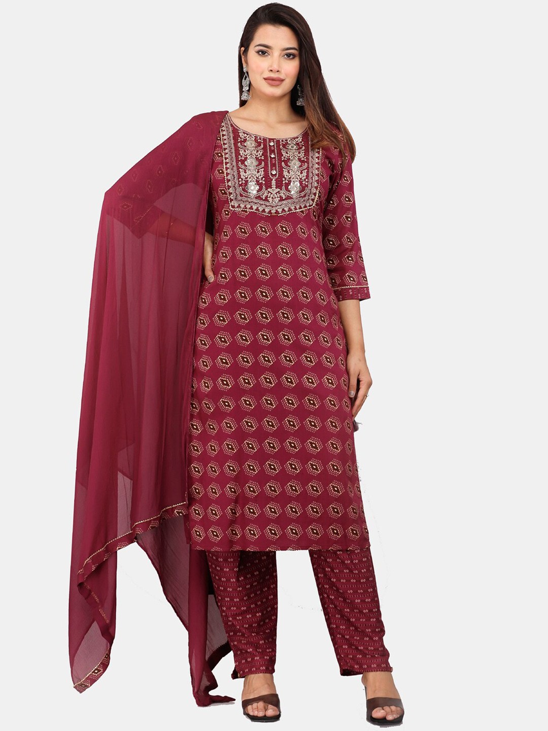 

HIGHLIGHT FASHION EXPORT Geometric Printed Sequinned Kurta with Trousers & With Dupatta, Maroon
