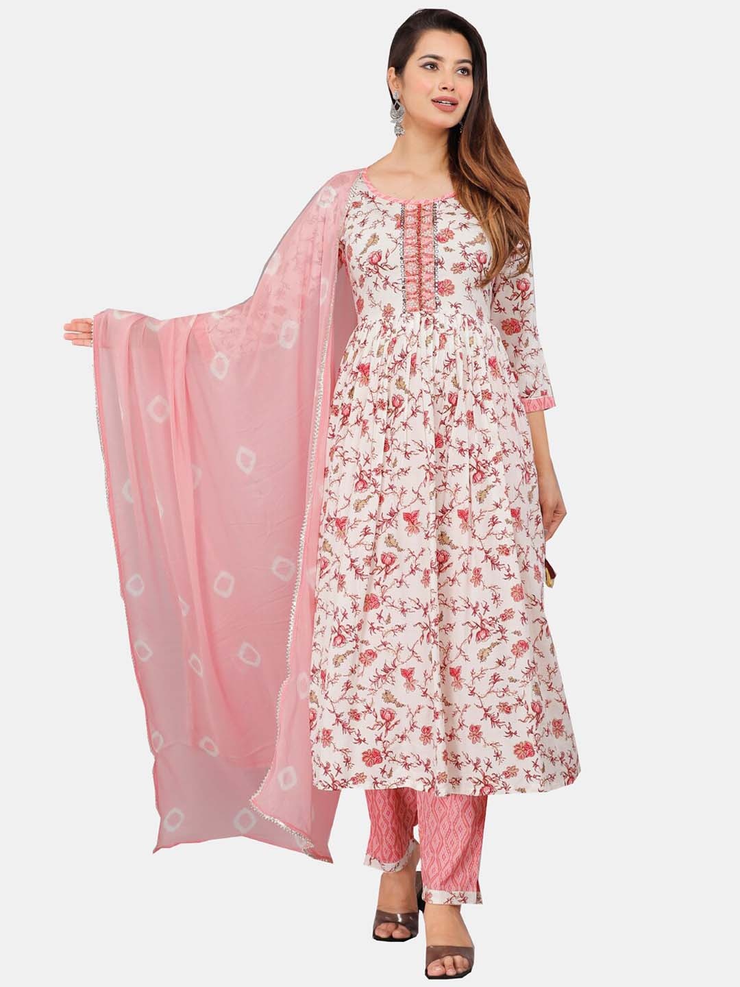 HIGHLIGHT FASHION EXPORT Floral Printed Mirror Work Kurta with Trousers & With Dupatta, White