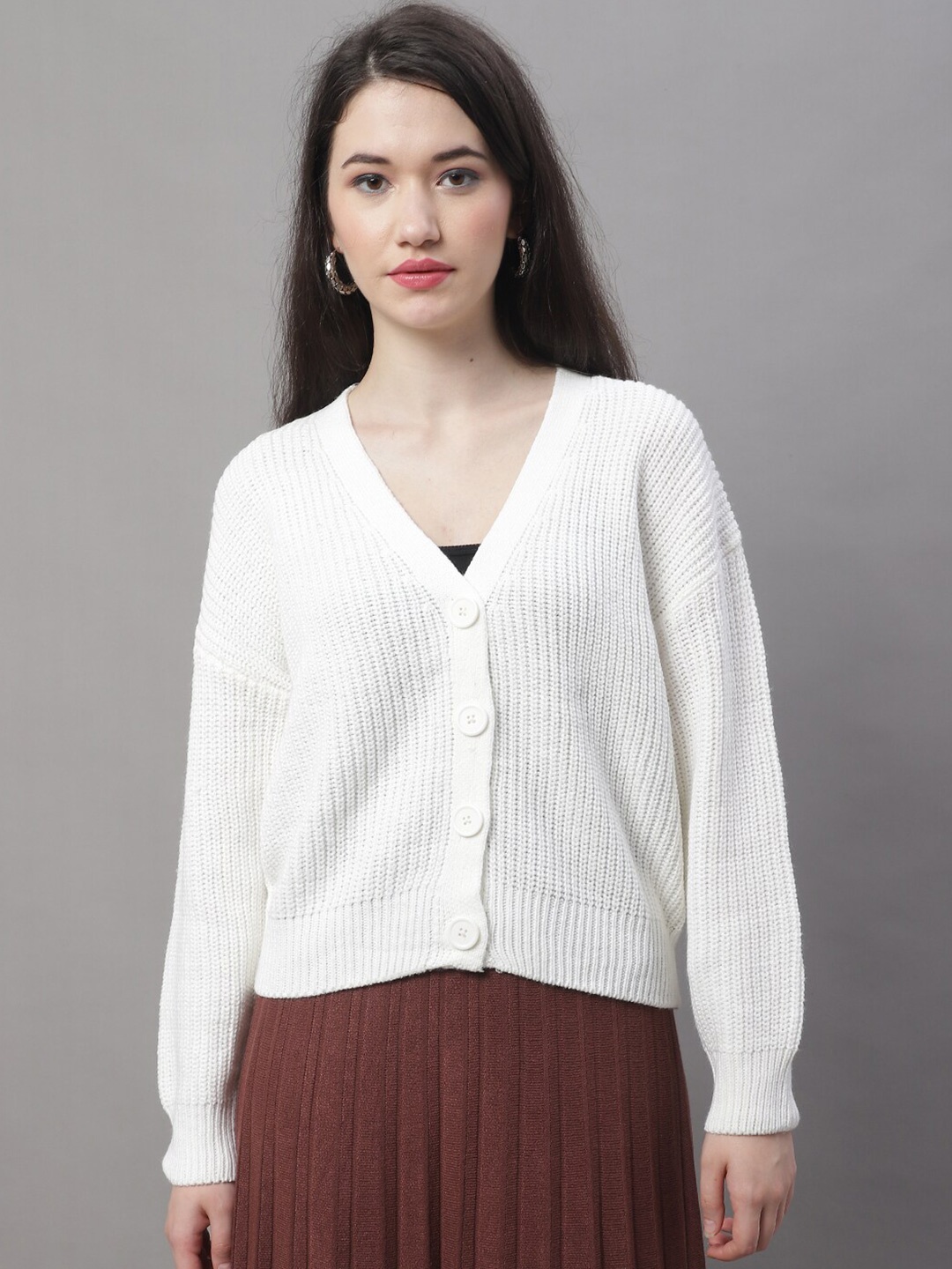 

NoBarr Ribbed V Neck Acrylic Cardigan, White