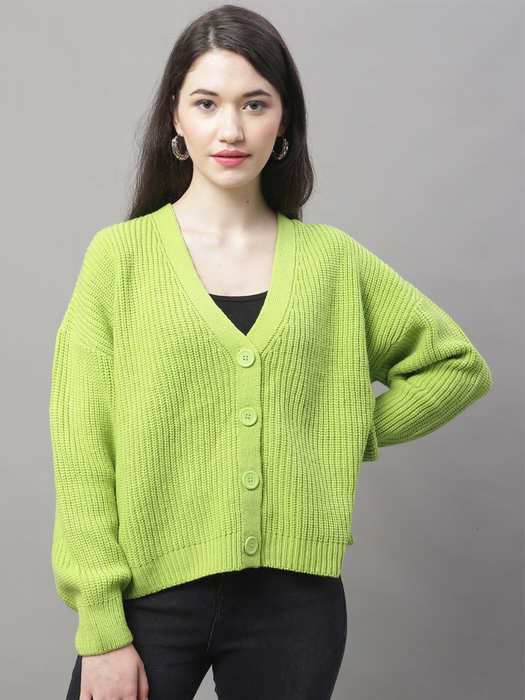 

NoBarr Ribbed V Neck Acrylic Cardigan, Green