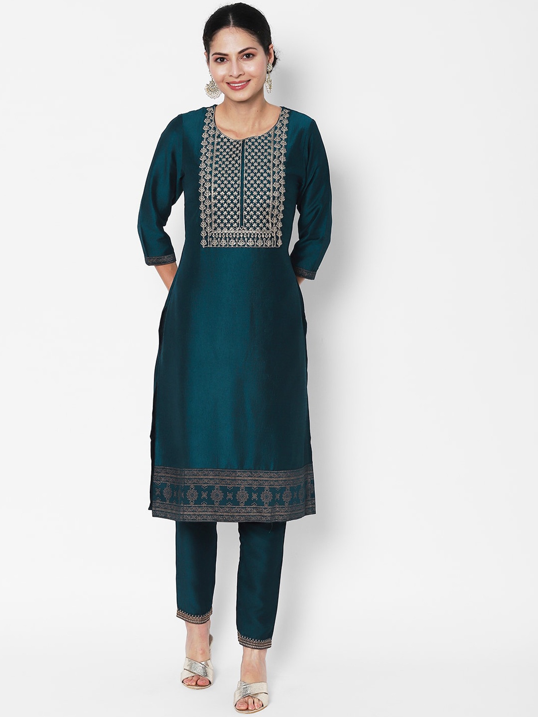 

Vedic Ethnic Motifs Embroidered Sequined Silk Kurta, Teal