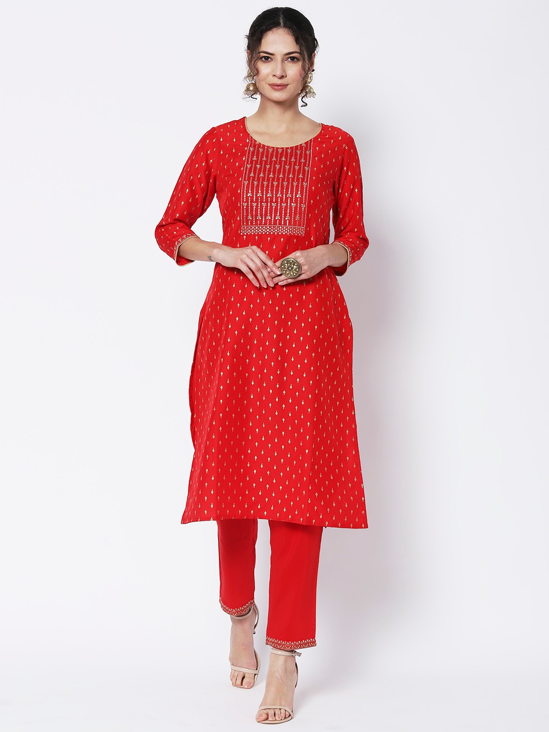 

Vedic Floral Printed Thread Work Sequined Silk Kurta, Red