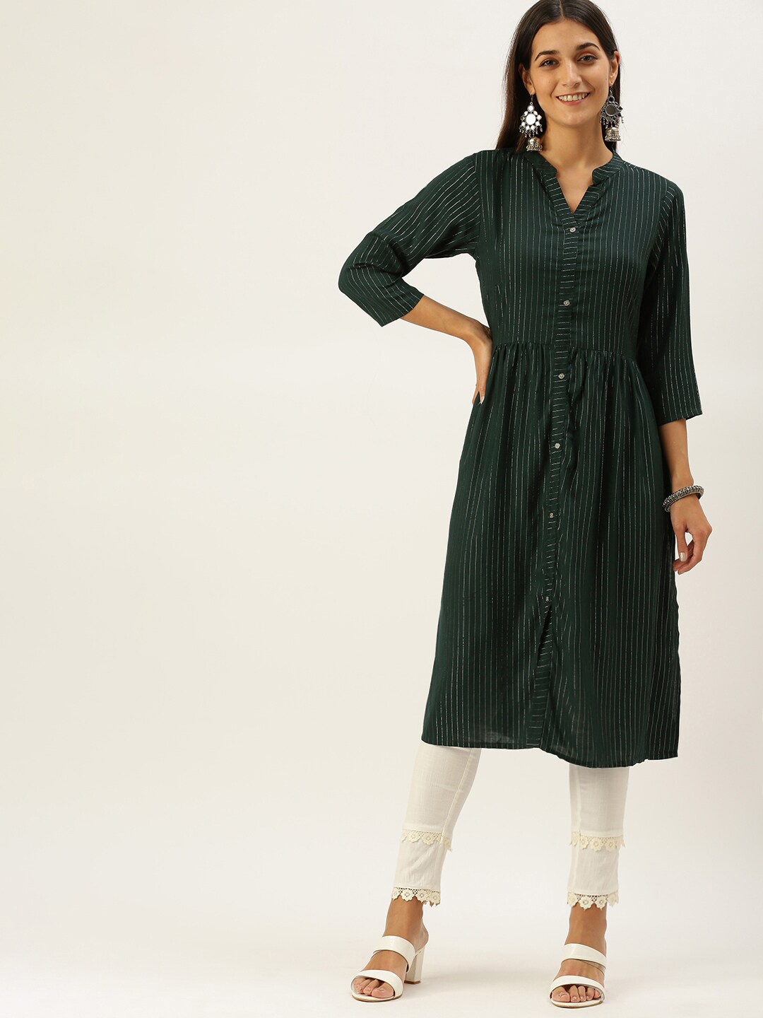 

Vedic Mandarin Collar Striped A-Line Kurta, Green