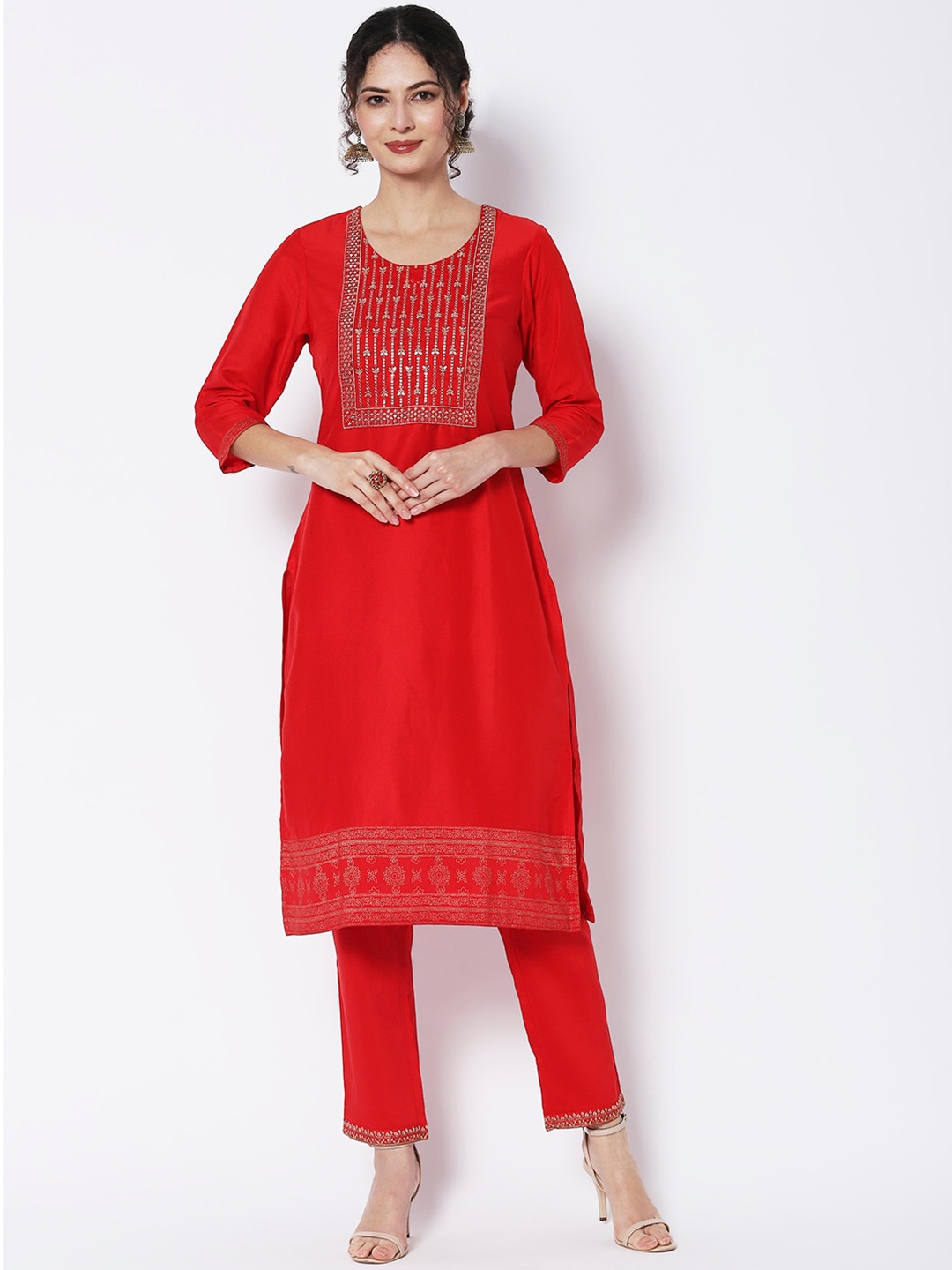 

Vedic Floral Embroidered Sequined Silk Kurta, Red