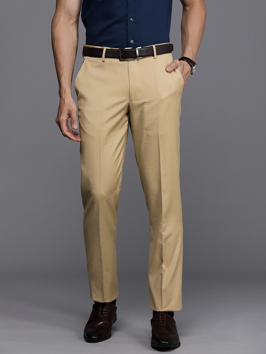 

Louis Philippe Men Self Design Textured Slim Fit Formal Trousers, Beige