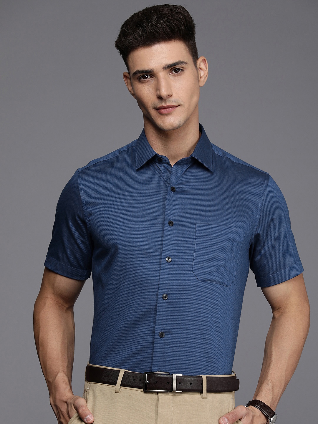 

Louis Philippe Self Design Textured Slim Fit Pure Cotton Formal Shirt, Blue