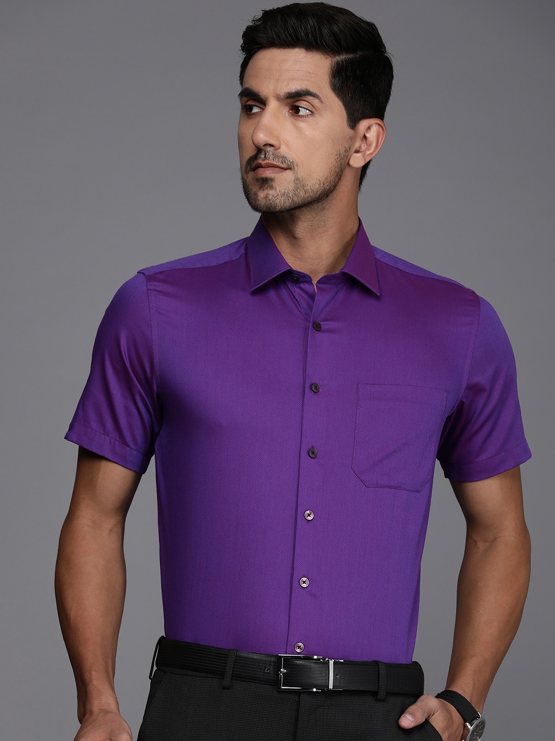 

Louis Philippe Self Design Textured Slim Fit Pure Cotton Formal Shirt, Purple