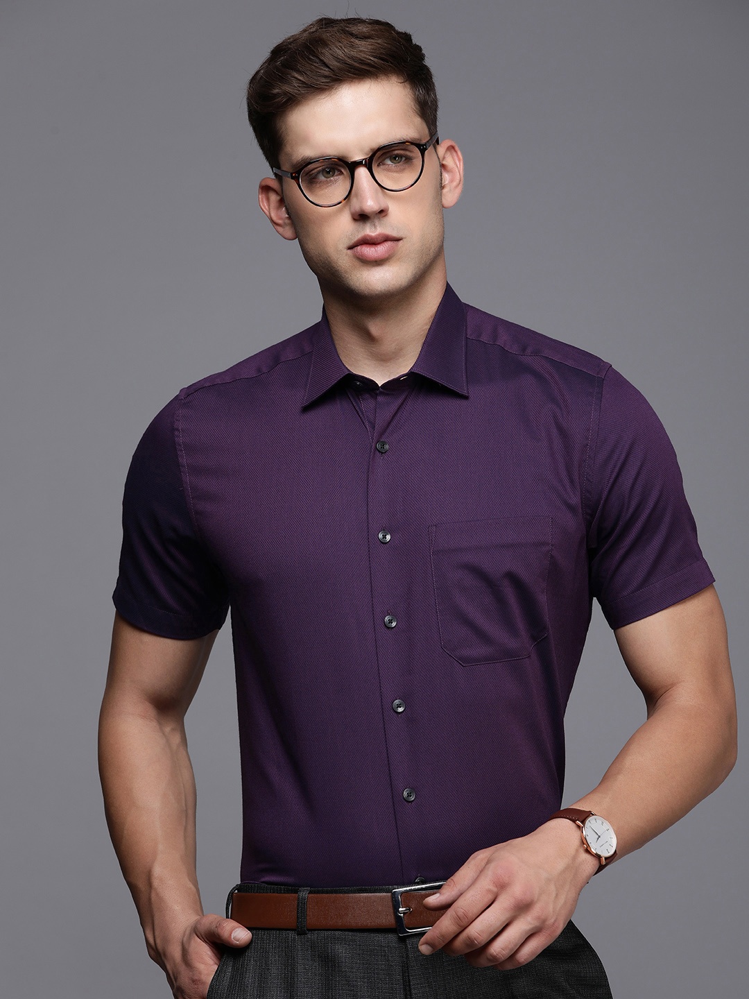 

Louis Philippe Pure Cotton Self Design Slim Fit Formal Shirt, Purple