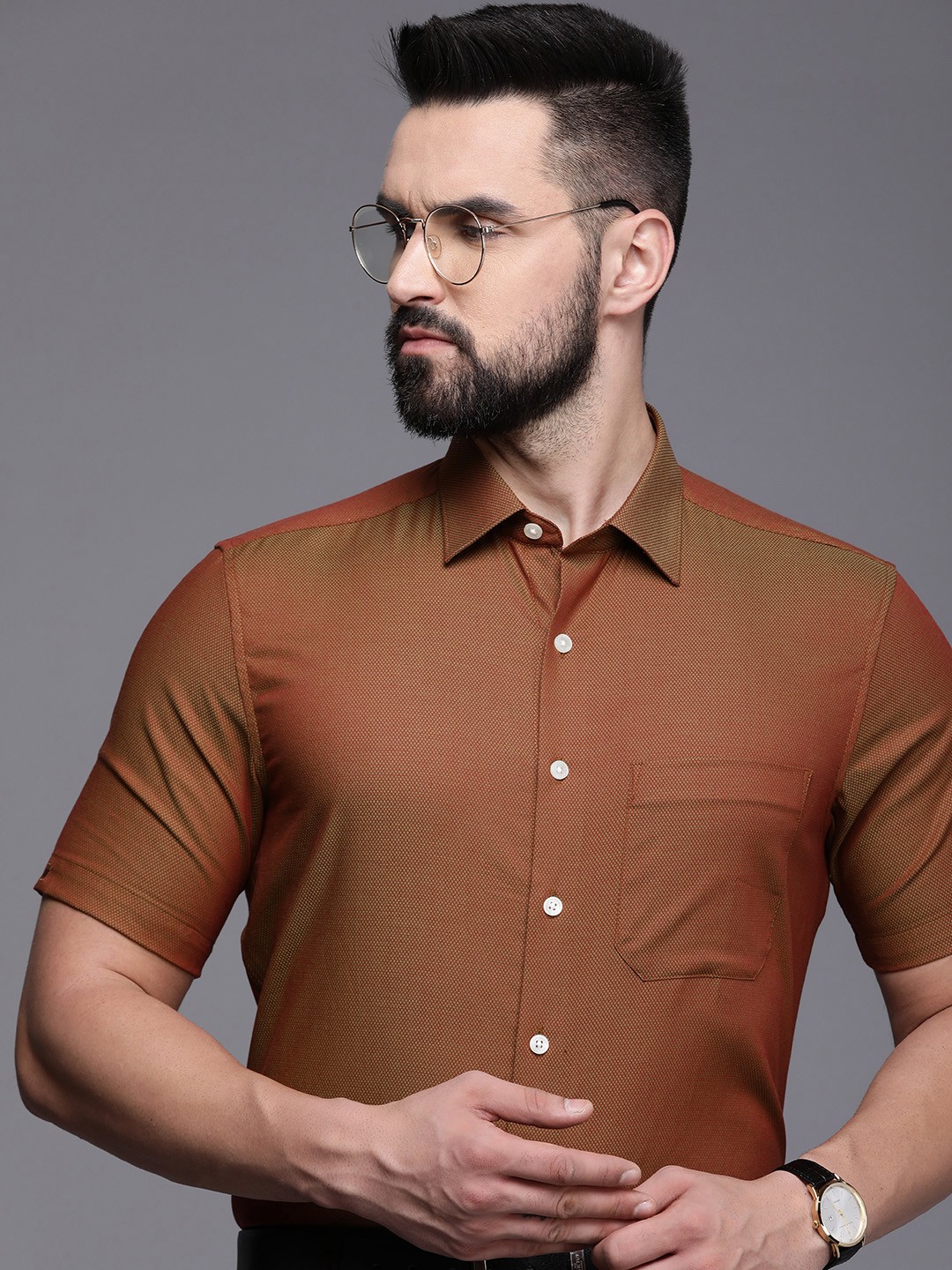 

Louis Philippe Pure Cotton Textured Slim Fit Formal Shirt, Rust