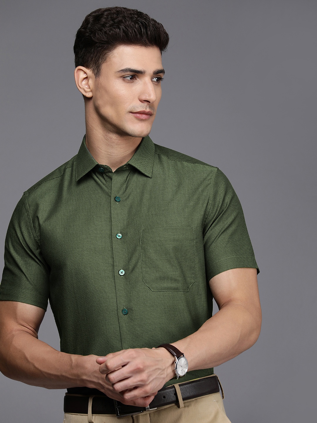 

Louis Philippe Self Design Textured Slim Fit Pure Cotton Formal Shirt, Green