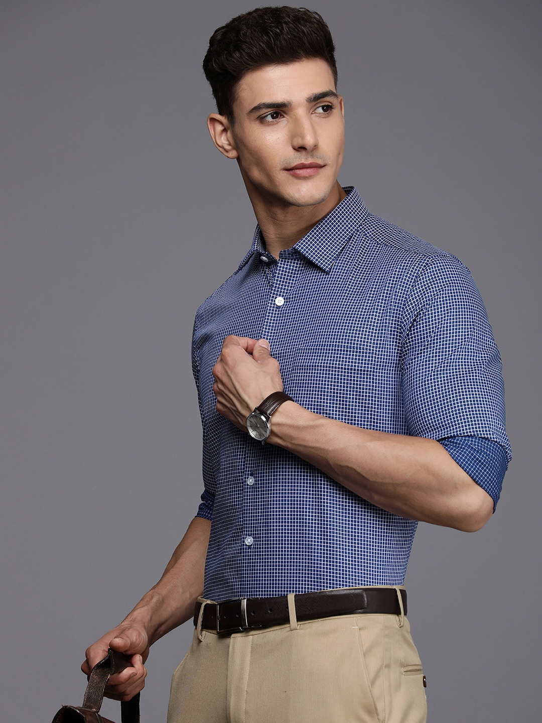 

Louis Philippe Slim Fit Grid Tattersall Checked Pure Cotton Formal Shirt, Blue