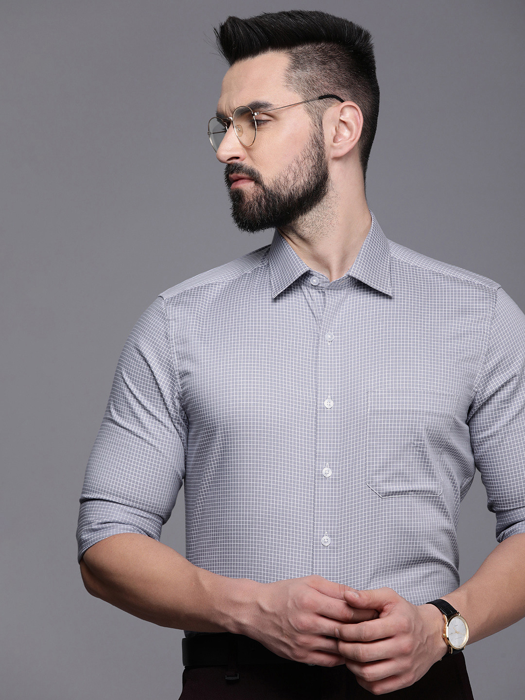 

Louis Philippe Pure Cotton Slim Fit Micro Checked Formal Shirt, Grey