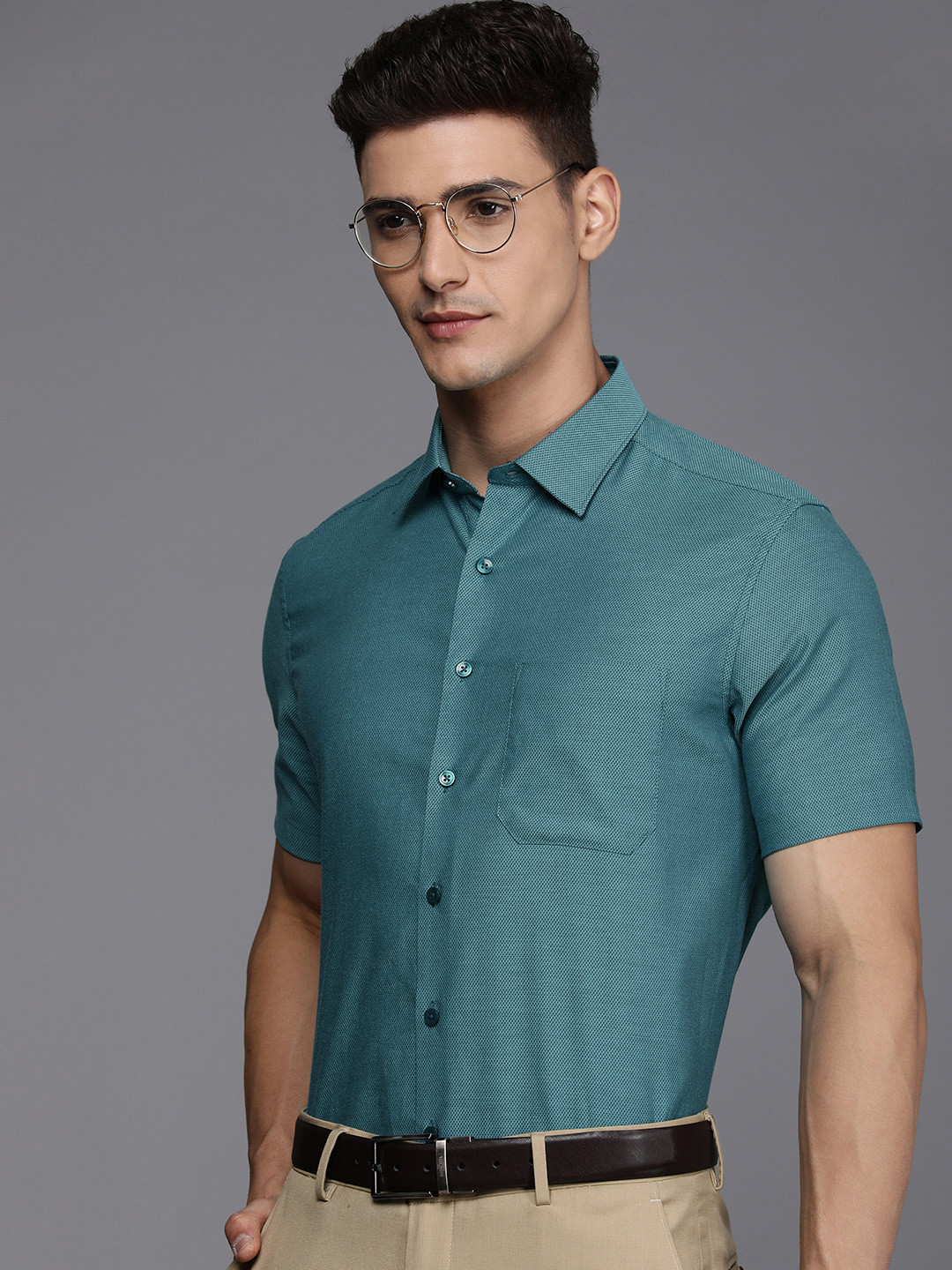 

Louis Philippe Self Design Textured Slim Fit Pure Cotton Formal Shirt, Turquoise blue
