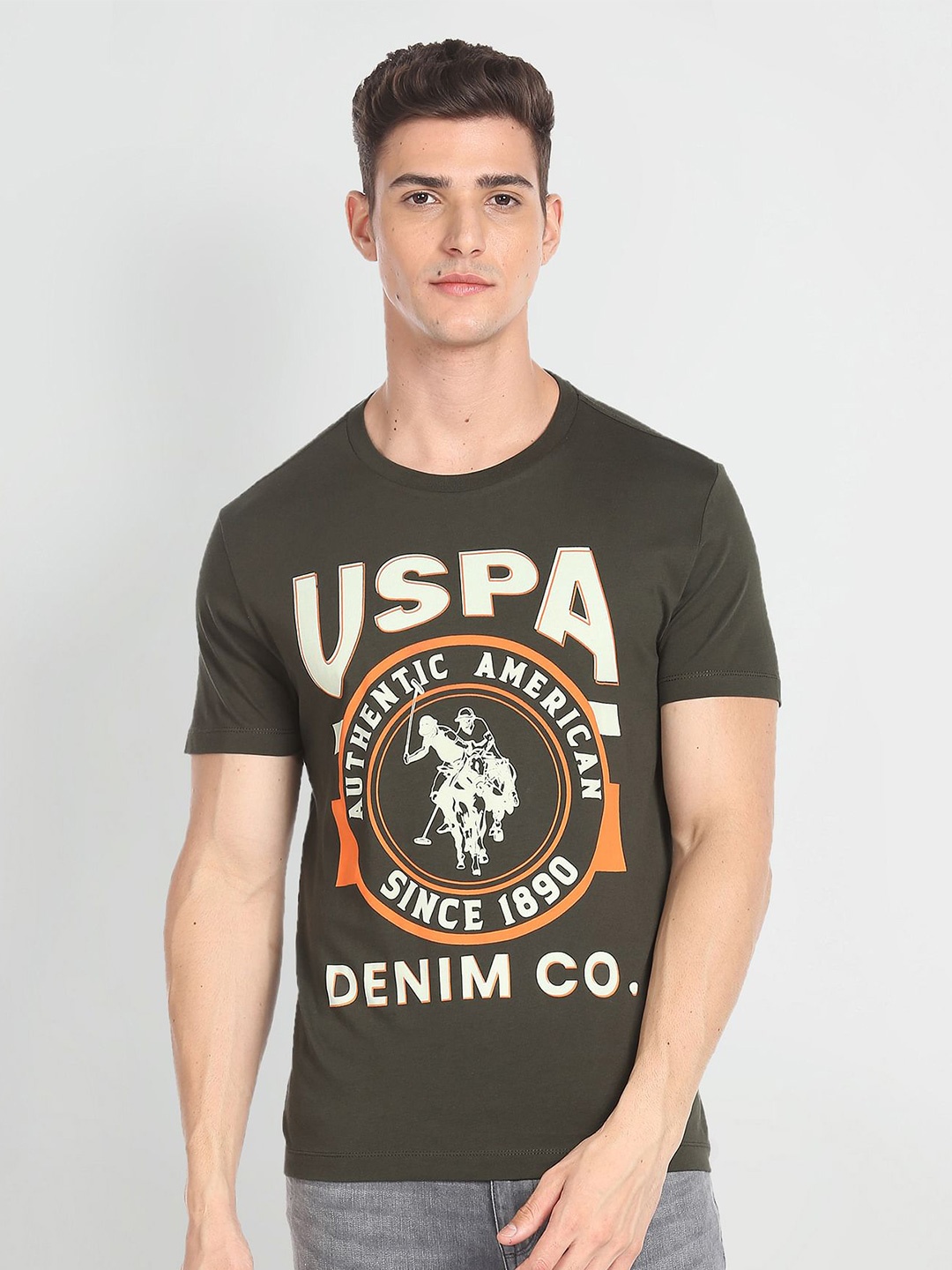 

U.S. Polo Assn. Denim Co.Typography Printed Pure Cotton Slim Fit T-shirt, Green
