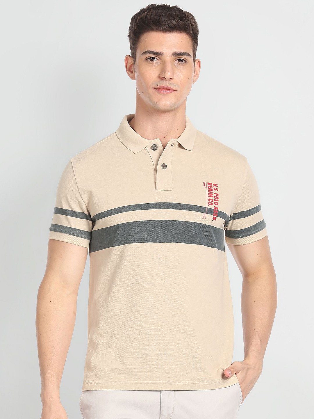 

U.S. Polo Assn. Denim Co. Horizontal Engineered Stripe Cotton Polo Shirt, Beige