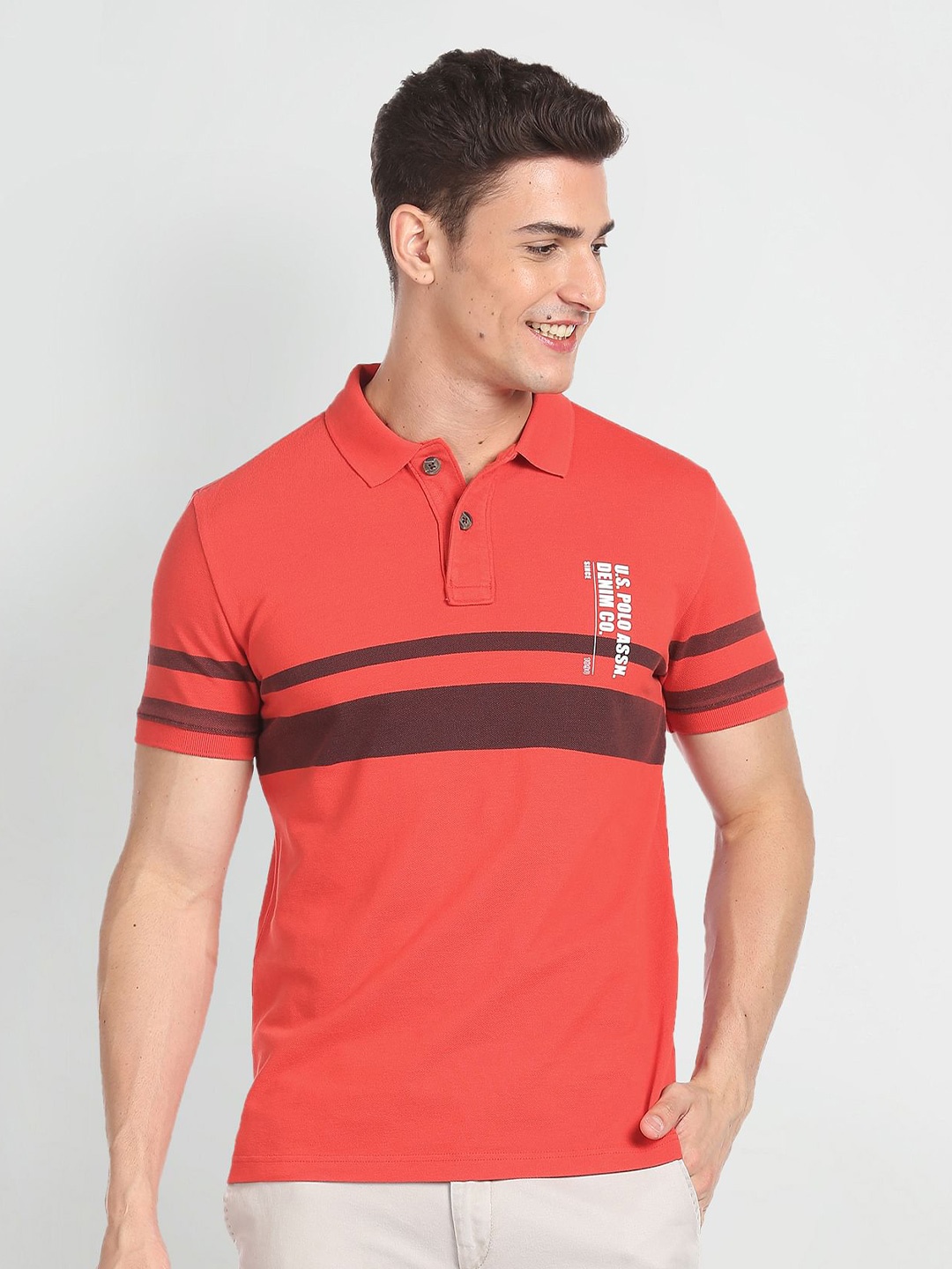 

U.S. Polo Assn. Denim Co. Horizontal Striped Slim Fit Pure Cotton Polo Collar T-shirt, Red