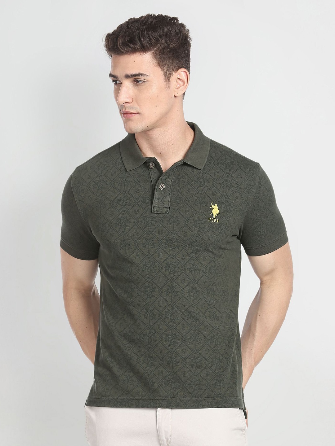 

U.S. Polo Assn. Denim Co. Floral Printed Polo Collar Pure Cotton Slim Fit T-shirt, Green