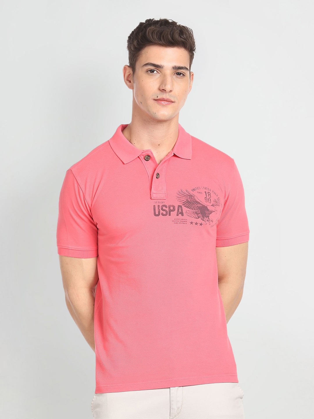 

U.S. Polo Assn. Denim Co. Polo Collar Pure Cotton Solid Slim Fit T-shirt, Pink