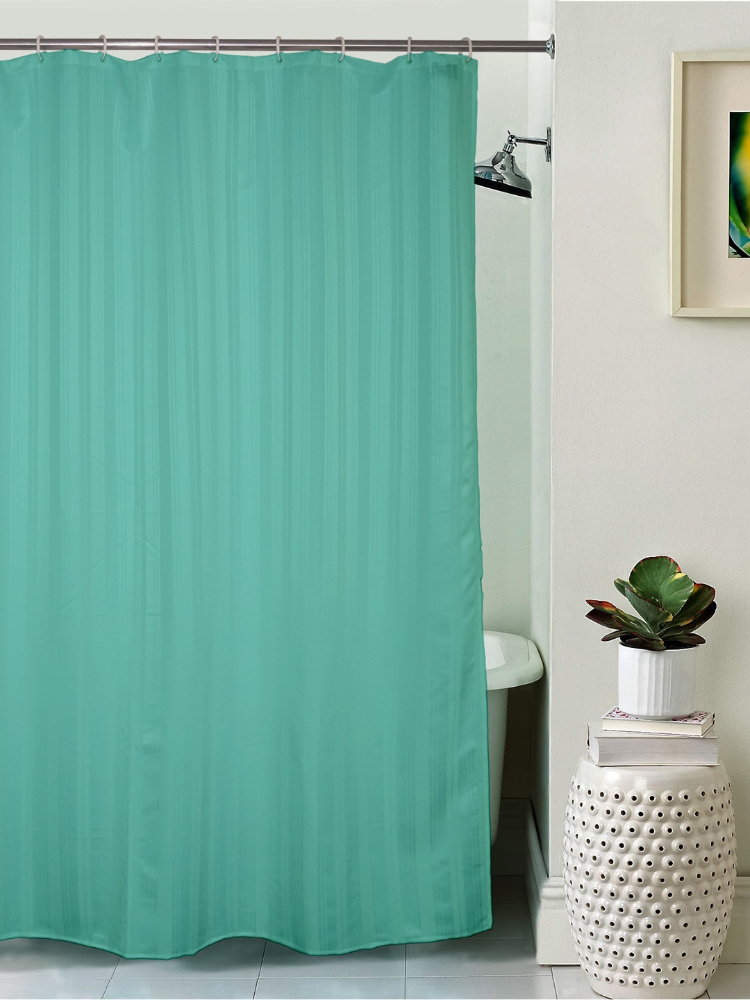 

Lushomes Green Striped Waterproof Shower Curtain With 12 C-Ring & 12 Eyelets