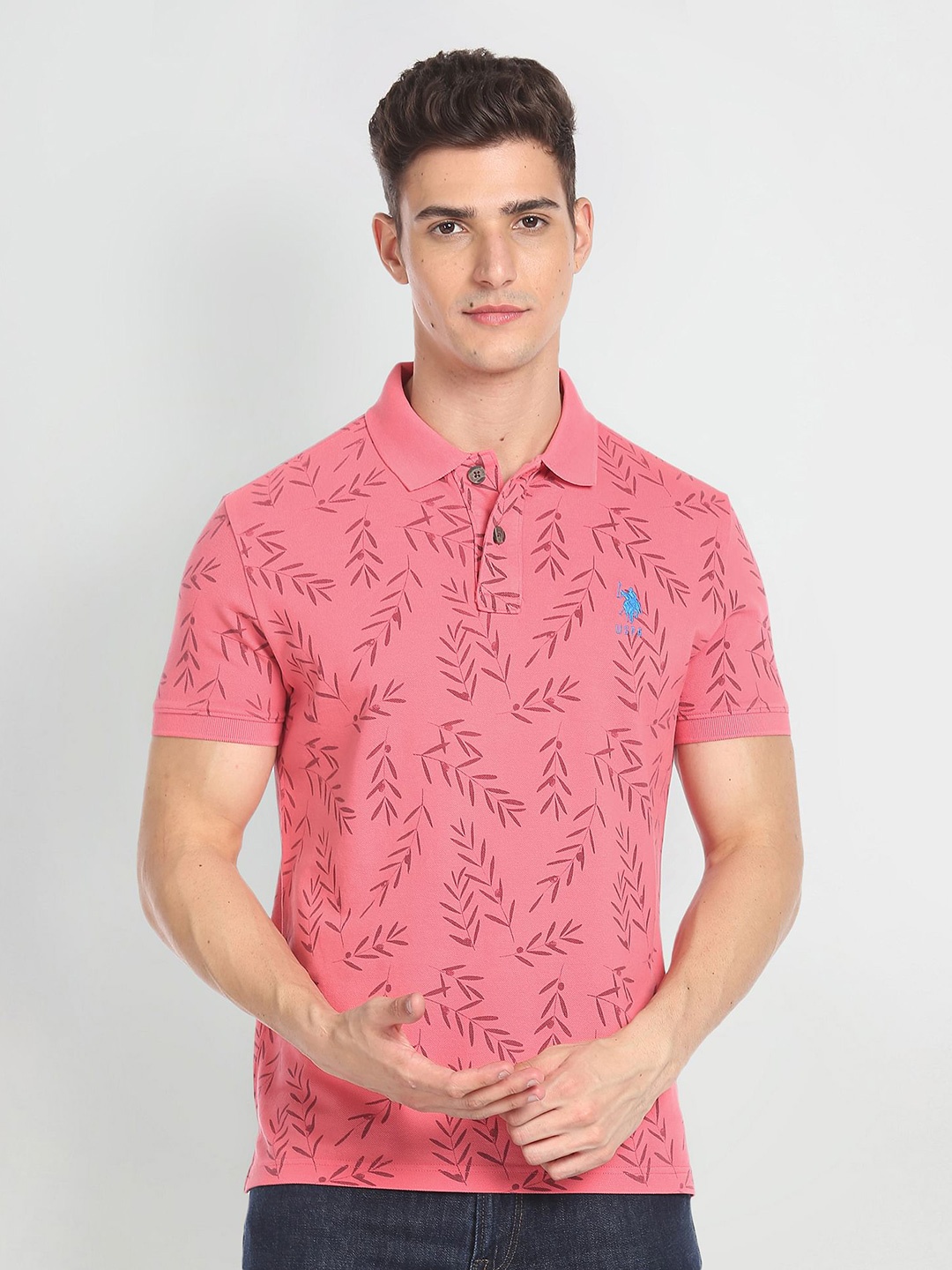 

U.S. Polo Assn. Denim Co. Pure Cotton Slim Fit Floral Print Polo Collar T-shirt, Pink