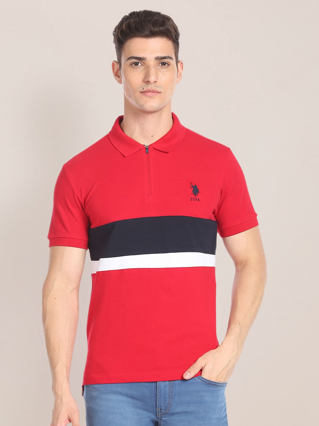 

U.S. Polo Assn. Colourblocked Slim Polo Collar T-shirt, Red