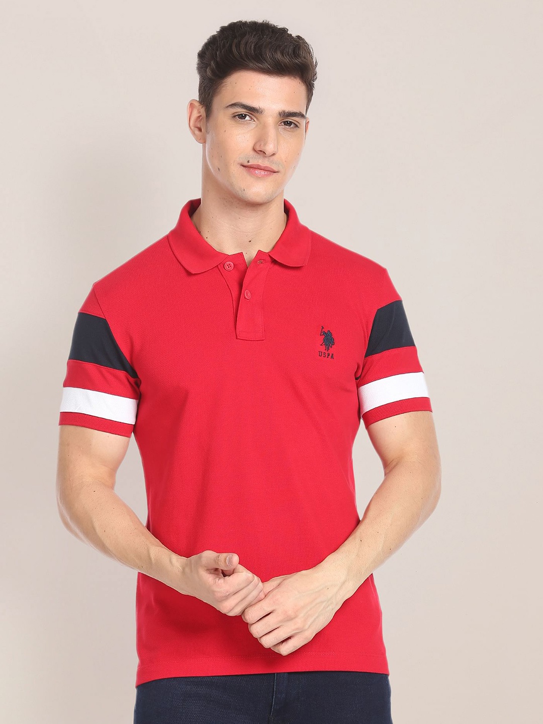 

U.S. Polo Assn. Striped Sleeves Polo Collar Pure Cotton Slim Fit T-shirt, Red