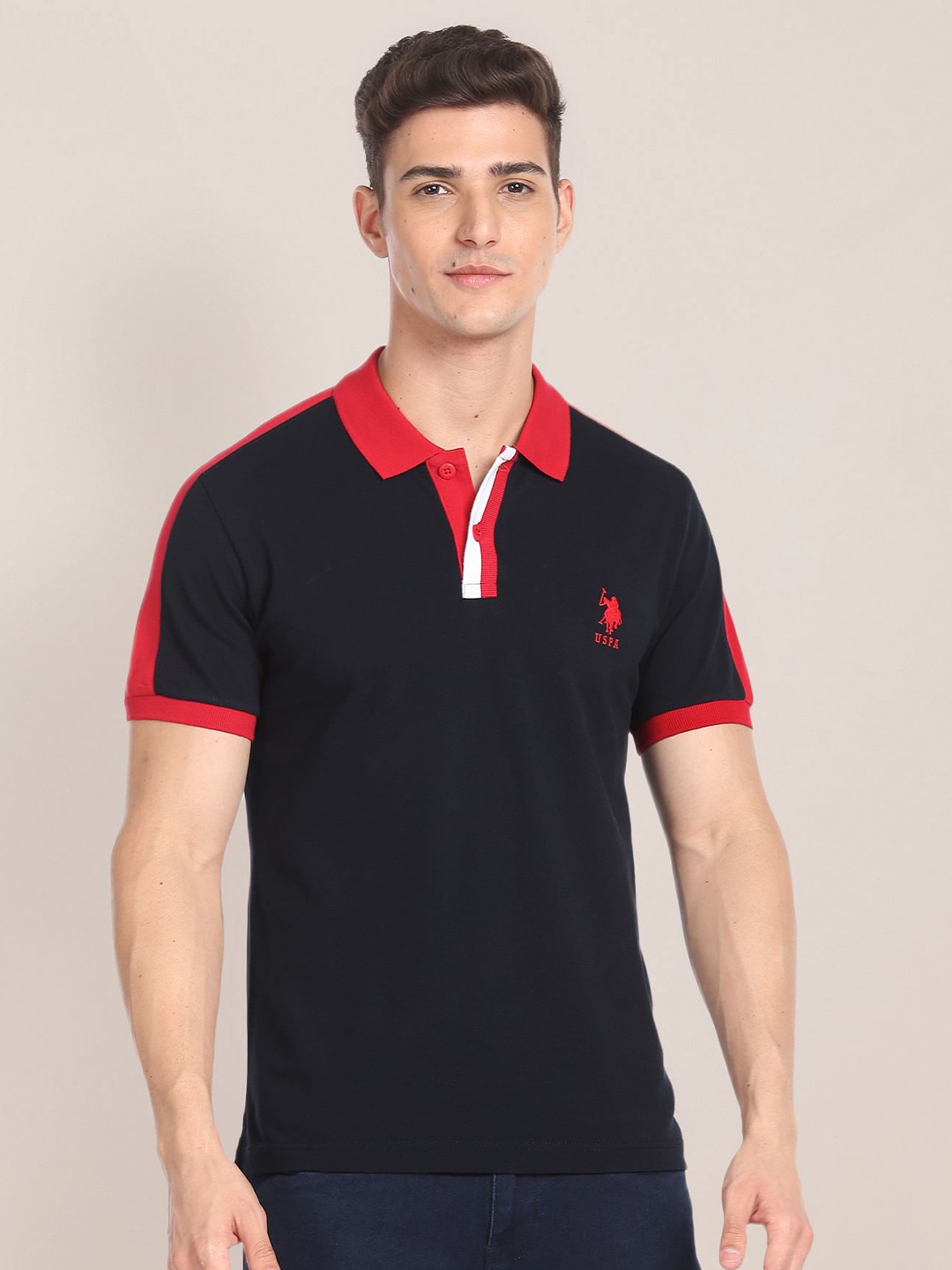 

U.S. Polo Assn. Striped Sleeve Polo Collar Pure Cotton Slim Fit T-shirt, Navy blue