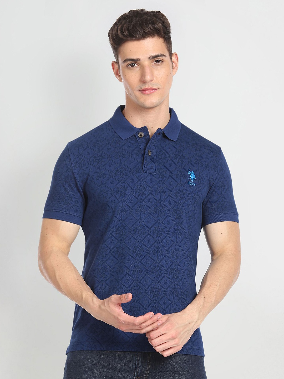 

U.S. Polo Assn. Floral Printed Polo Collar Pure Cotton Slim Fit T-shirt, Blue