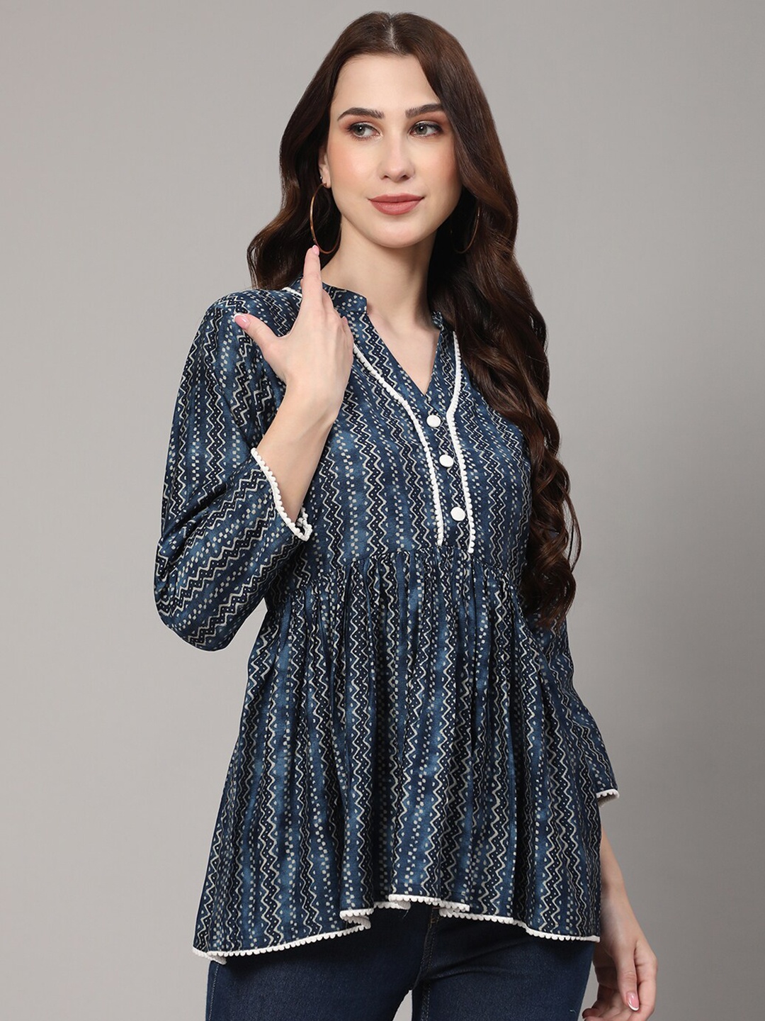 

V TRADITION Geometric Printed Mandarin Collar Cotton A-Line Top, Blue
