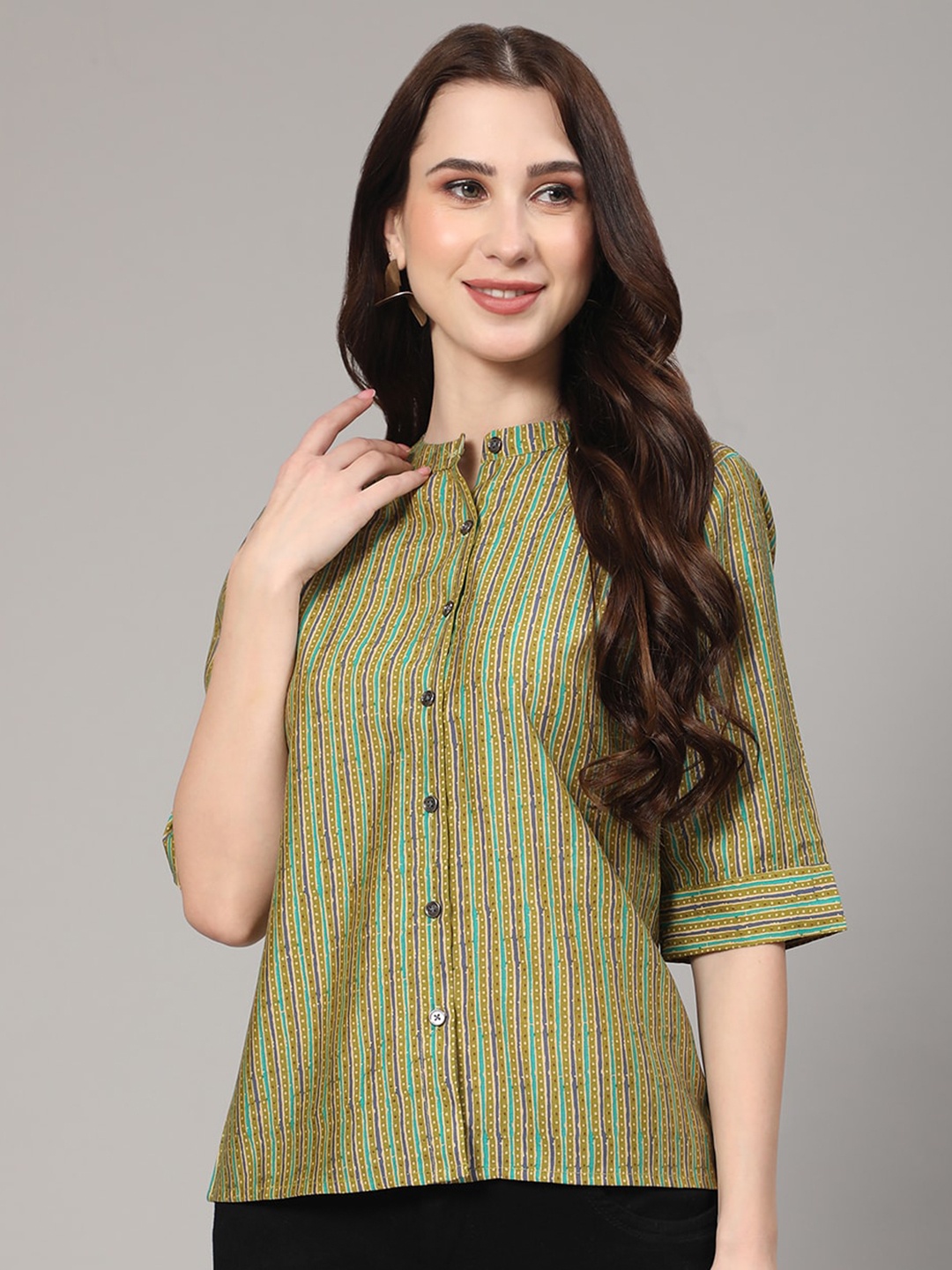 

V TRADITION Vertical Striped Mandarin Collar Cuffed Sleeves Shirt Style Top, Green