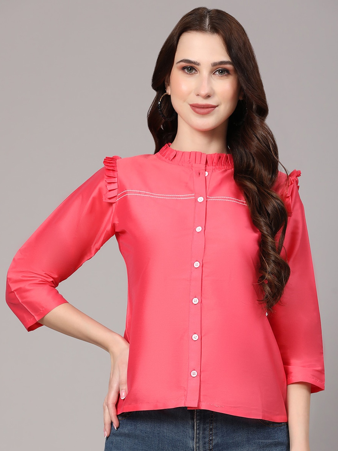

V TRADITION Mandarin Collar Ruffled Shirt Style Top, Pink