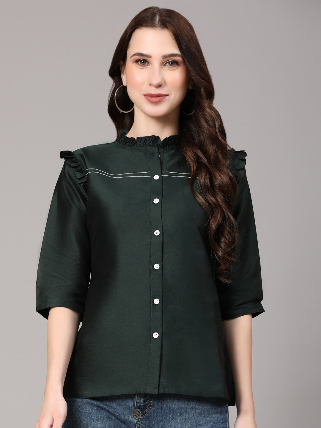 

V TRADITION Mandarin Collar Ruffled Shirt Style Top, Green