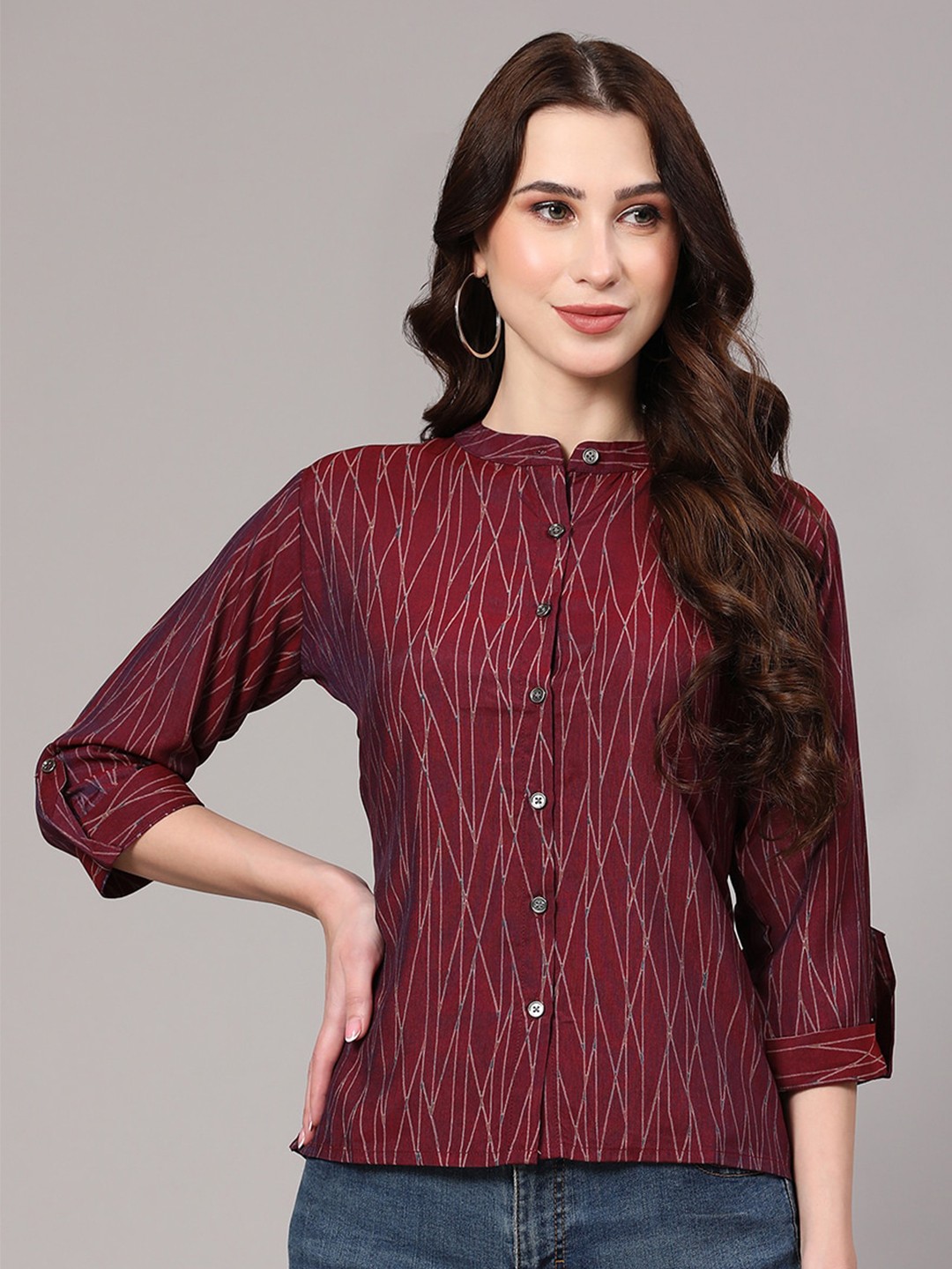 

V TRADITION Abstract Printed Band Collar Roll-Up Sleeves Shirt Style Top, Maroon
