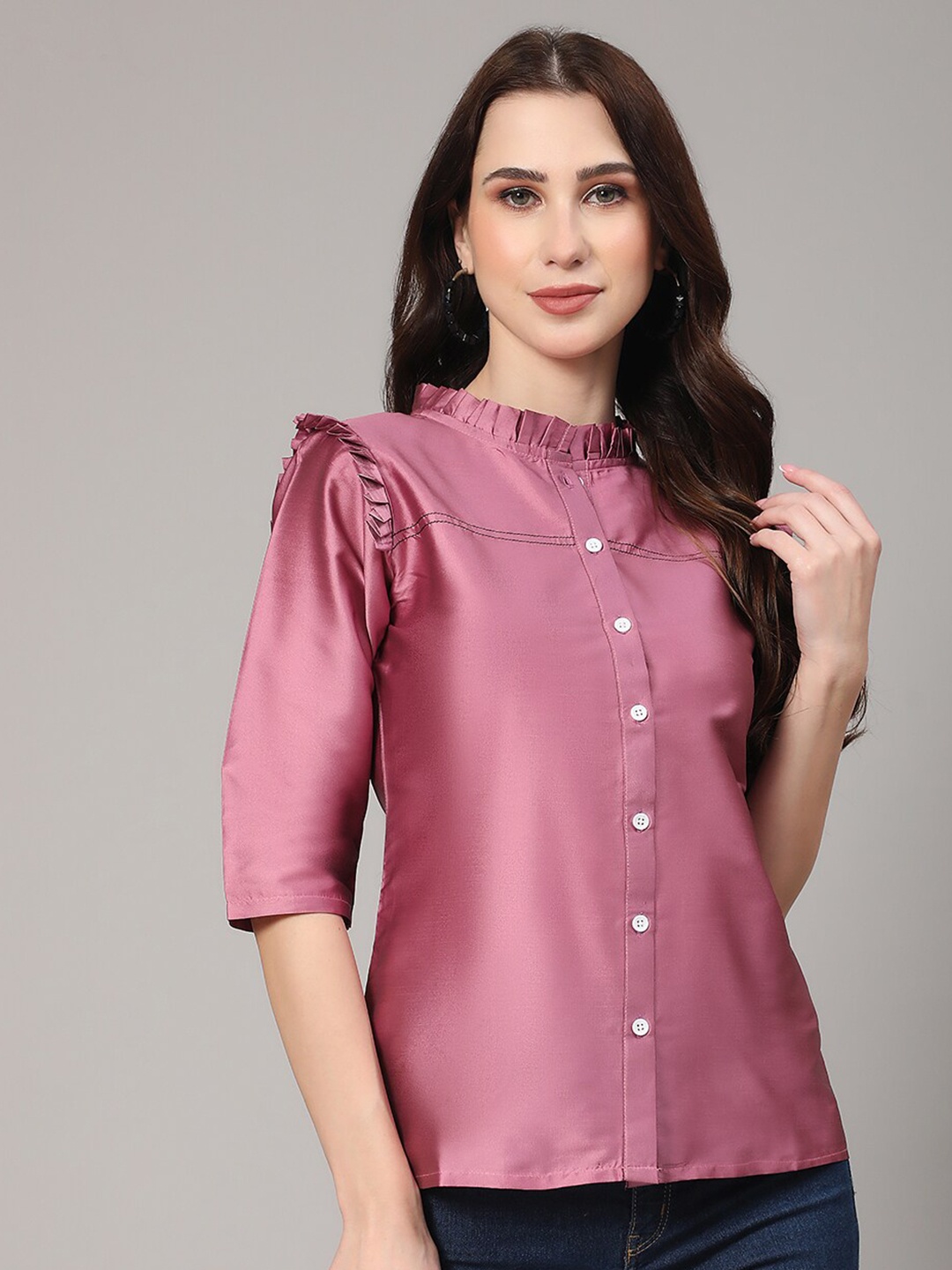 

V TRADITION Mandarin Collar Ruffled Shirt Style Top, Pink