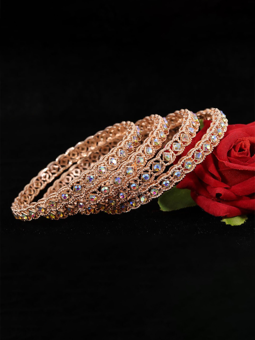 

NMII Set of 4 Rose Gold-Plated Stone-Studded Metal Bangles