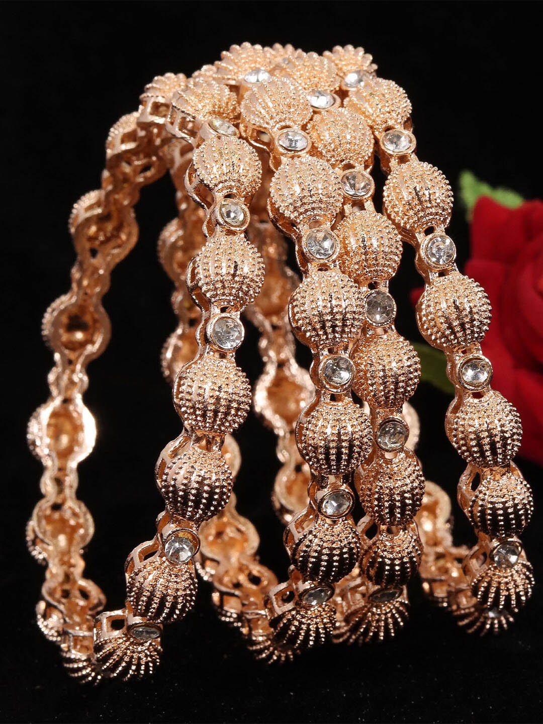 

NMII Set of 4 Rose Gold-Plated Stone-Studded Metal Bangles