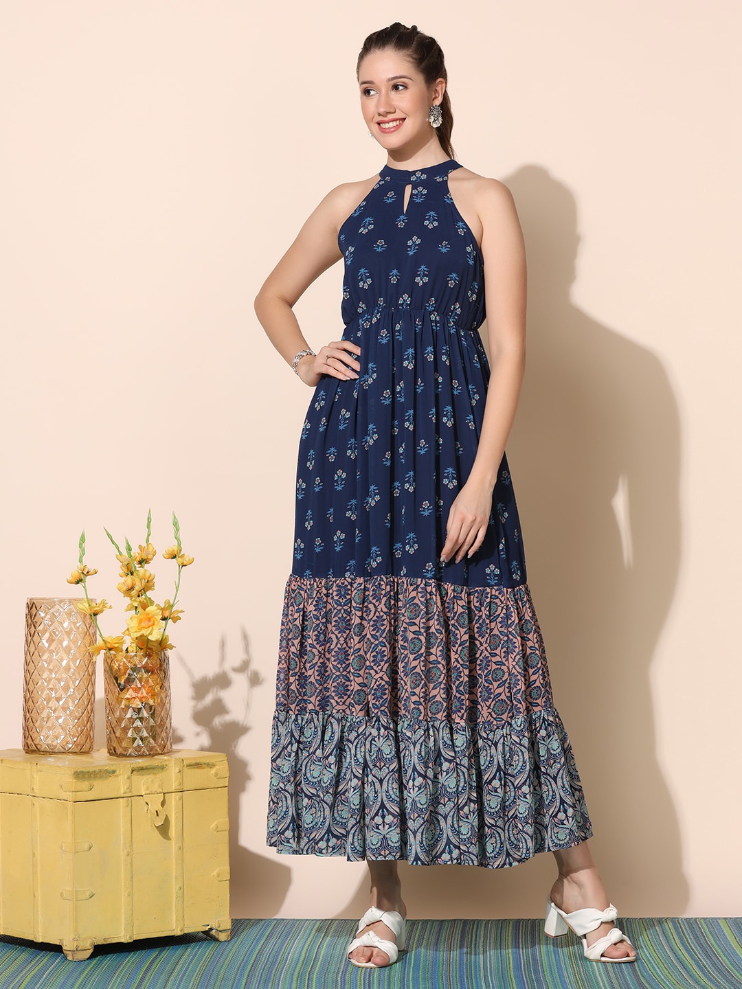 FASHION DREAM Halter Neck Floral Print Georgette Maxi Dress, Blue