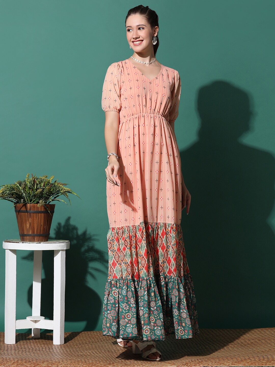 

FASHION DREAM Floral Printed Georgette Fit & Flare Maxi Dress, Peach