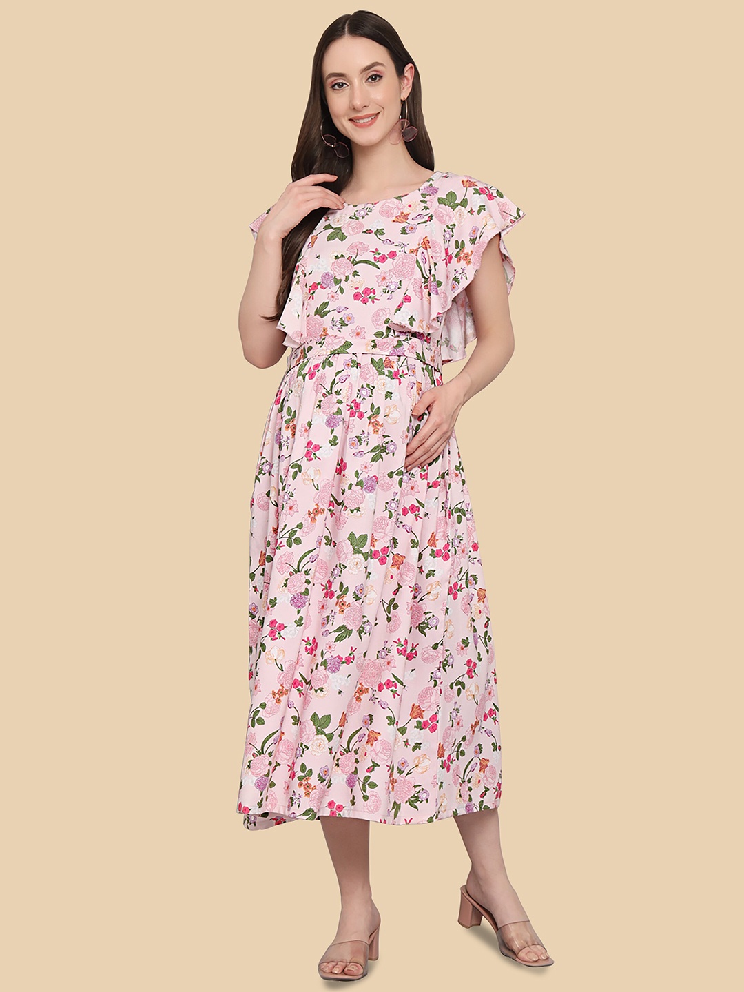 

Dream Beauty Fashion Floral Printed Flutter Sleeve Maternity & Feeding Midi Dress, Pink